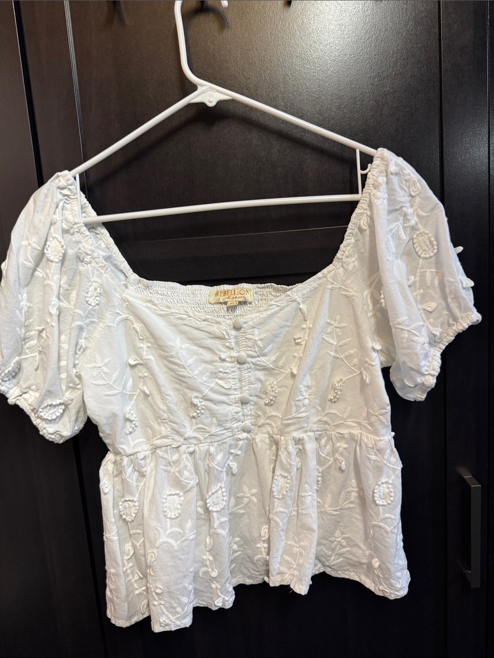 Rebellion White Embroidered Peasant Puff-Sleeve Top